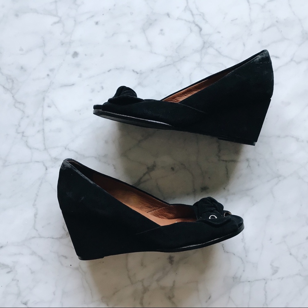 Gentle Souls Black Suede Peep Toe Wedges - 8.5M